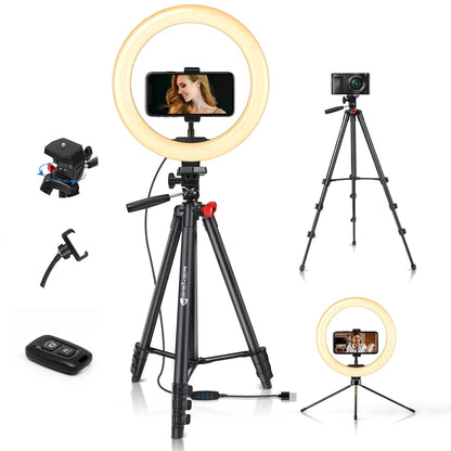 Yesker 10 Ring Light with 51” Tripod Flexible Stand LED Selfie RingLight 10 Brightness with Camera Remote Shutter Phone Holder for TikTok YouTube Video Live Stream Makeup…