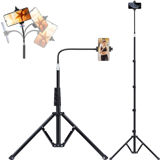 LITURUI 76“ Tall Phone Tripod Tripod for iPhone with Remote Overhead Tripod with Gooseneck and 360° Ball Head for Recording Vlog Aluminum Light Photography Tripod for Camera/Flash/Softbox (76inch)