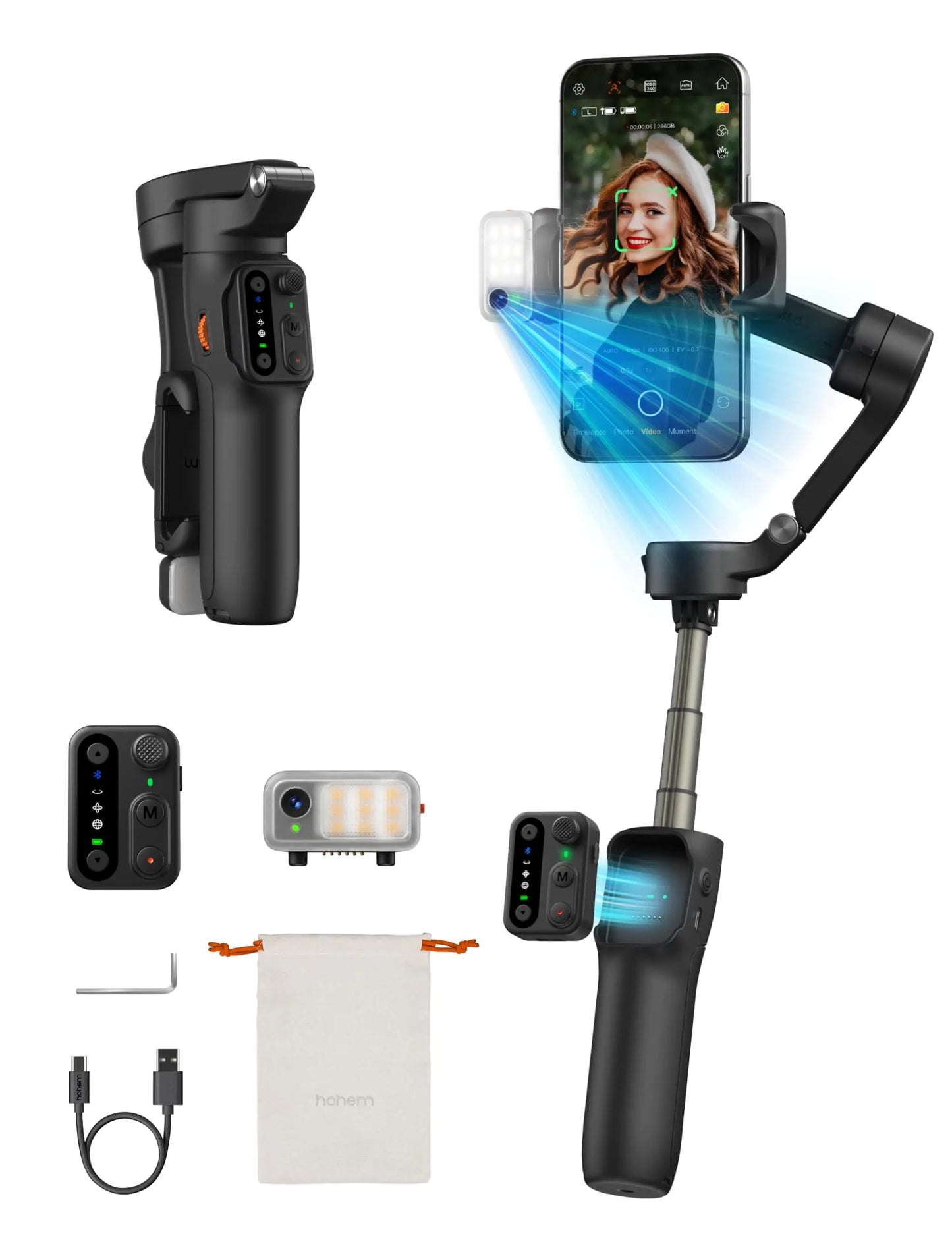 Hohem iSteady V3 Phone Gimbal Stabilizer, Magnetic AI Tracking Sensor with Fill Light, Detachable Remote Control, Built-in Extension Rod and Tripod, Foldable 3-axis Stabilization Gimbal, White