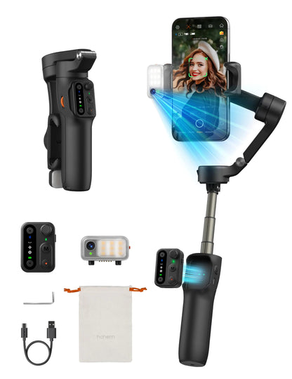 Hohem iSteady V3 Phone Gimbal Stabilizer, Magnetic AI Tracking Sensor with Fill Light, Detachable Remote Control, Built-in Extension Rod and Tripod, Foldable 3-axis Stabilization Gimbal, White